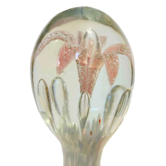 Decorative Blown Art Glass Pink Lily Flower Floral Blue Paperweight Bauble Decor - Picture 7 of 16